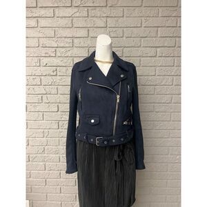 Zara Women Navy Cropped Suede Belted Biker Jacket Size M